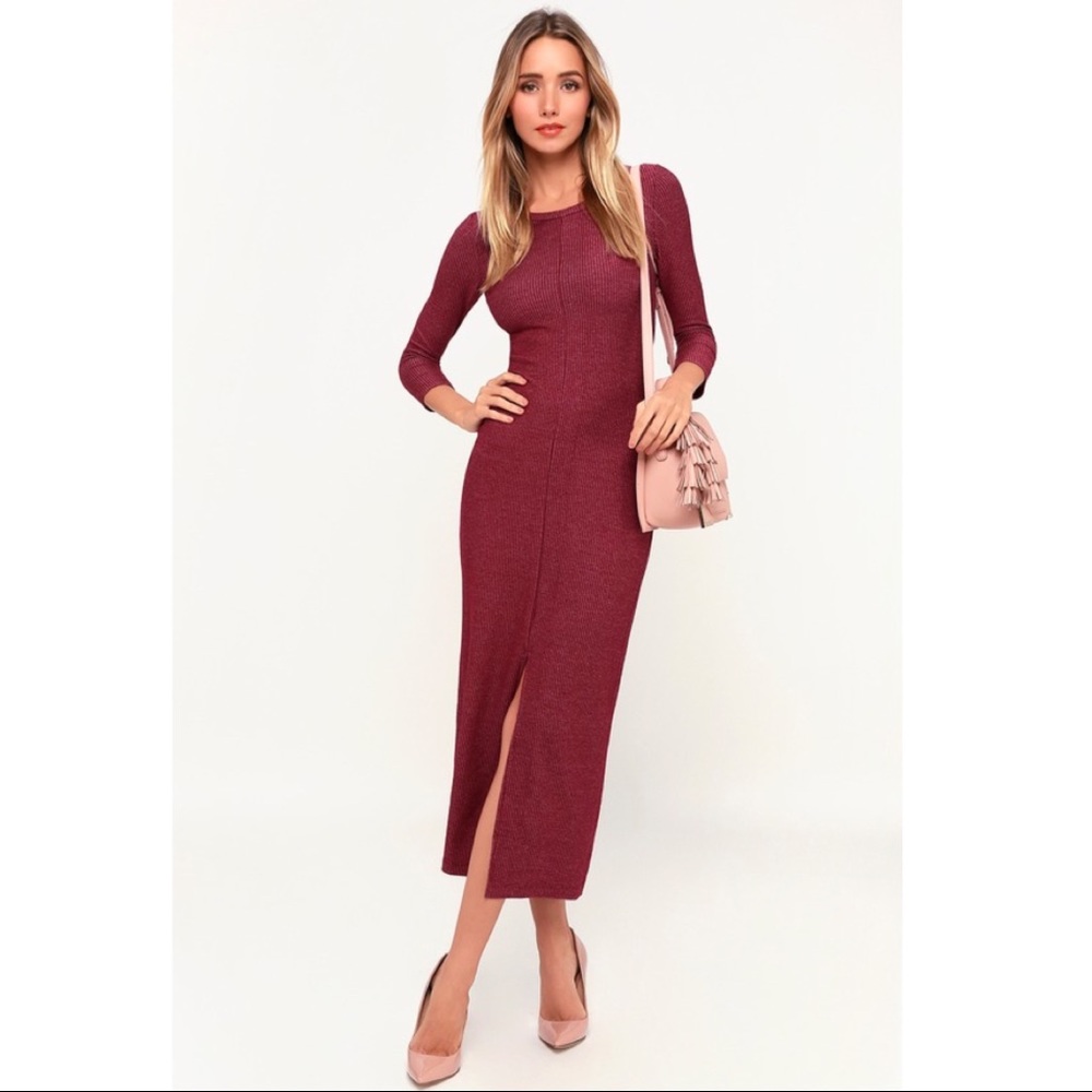 Lulus Keen Washed Burgundy Ribbed Midi Dress